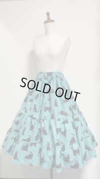 ハンドメイドギャザー3段ティアードスカート【ねこ柄・グリーン系・70丈】