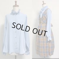 【SALE50％オフ】スタンドカラーハートボタンブラウス【水色】