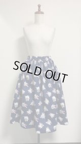 ハンドメイドギャザーSK【ネコチャンヘッド柄・紺系・68cm丈】