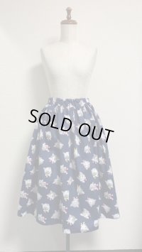 ハンドメイドギャザーSK【ネコチャンヘッド柄・紺系・68cm丈】