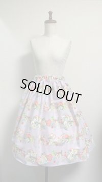 ハンドメイドギャザースカート【毛糸ねこ柄・ラベンダー系・60cm丈】
