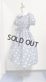 デイリーシャーリングワンピース【ブーケ柄青系・100cm丈】