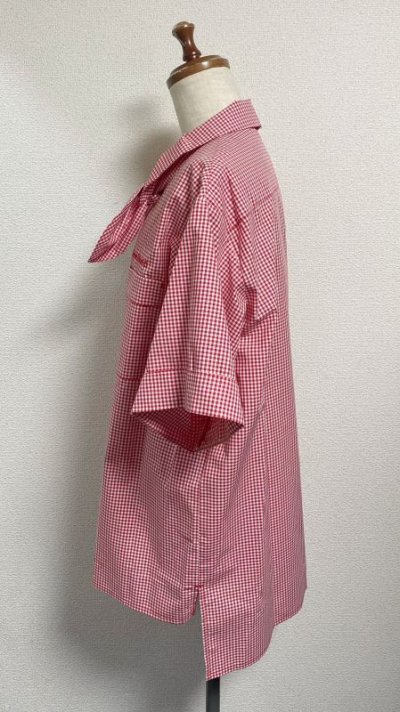 画像2: サマーギンガムシリーズボーイフレンドワークシャツ【赤ギンガム×赤刺繍】