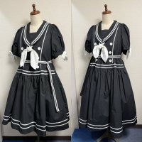 ノスタルジックセーラーワンピース【プラスサイズ・黒・丈2種類】