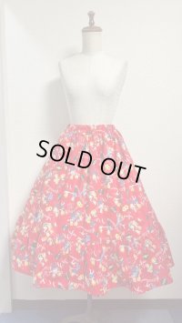 ハンドメイドギャザースカート【ロカビリー柄・赤系　68cm丈】