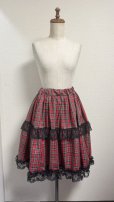 画像2: ハンドメイドギャザースカート【赤チェック×黒レース　55cm丈】 (2)