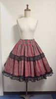 画像1: ハンドメイドギャザースカート【赤チェック×黒レース　55cm丈】 (1)