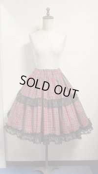ハンドメイドギャザースカート【赤チェック×黒レース　55cm丈】