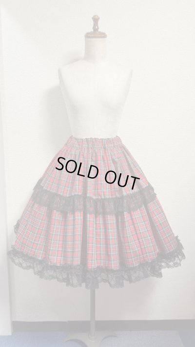 画像1: ハンドメイドギャザースカート【赤チェック×黒レース　55cm丈】