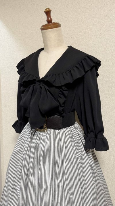 画像5: ハンドメイドギャザースカート【ストライプ柄黒白系・70cm丈】