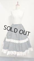 ハンドメイド2段ティアードスカート3【黒無地×生成トーションレース裾綿レース・60cm丈】