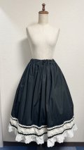 ハンドメイドギャザースカート4【黒無地×生成トーション裾綿レース・70cm丈】
