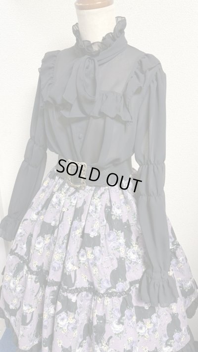 画像3: 9ハンドメイドギャザー2段ティアードスカート【猫柄紫系・52cm丈】