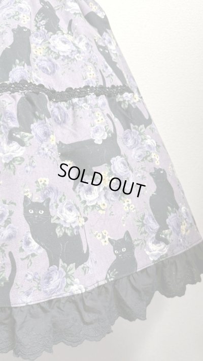 画像2: 9ハンドメイドギャザー2段ティアードスカート【猫柄紫系・52cm丈】