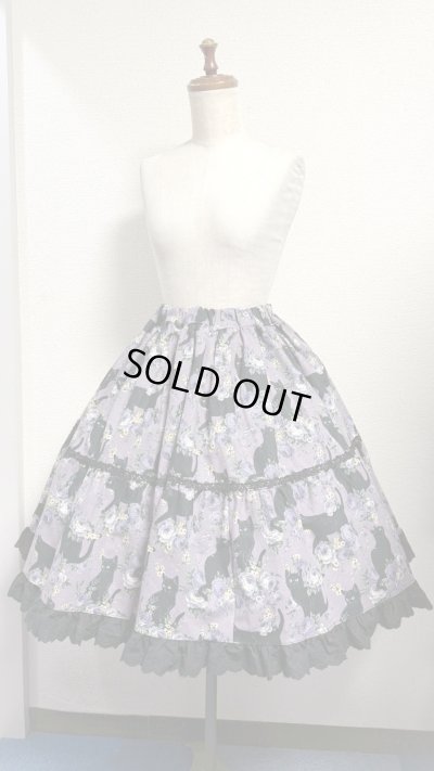 画像1: 9ハンドメイドギャザー2段ティアードスカート【猫柄紫系・52cm丈】