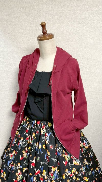 画像5: 8ハンドメイドギャザー2段ティアードスカート【ロカビリー柄黒系・50cm丈】