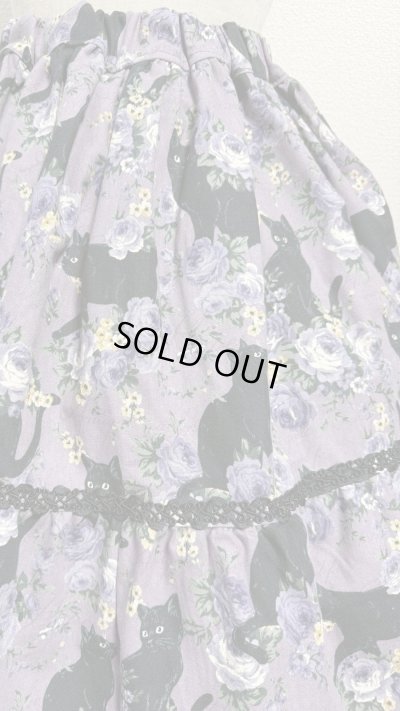 画像4: 9ハンドメイドギャザー2段ティアードスカート【猫柄紫系・52cm丈】