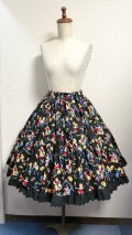 8ハンドメイドギャザー2段ティアードスカート【ロカビリー柄黒系・50cm丈】
