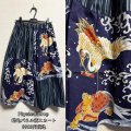 7ハンドメイドギャザースカート【パネル鶴亀柄　ネイビー系　78cm丈】
