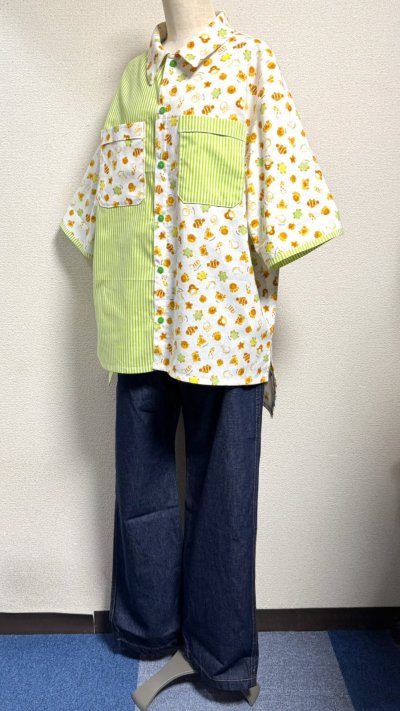 画像3: ボーイフレンドワークシャツ【カメロンパン柄オフ白×草色ストライプ】
