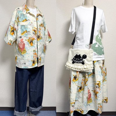 画像4: ボーイフレンドワークシャツ【カメ猫柄オフ白系】