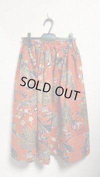 7ハンドメイドギャザースカート【鶴亀柄　朱色系　65cm丈】