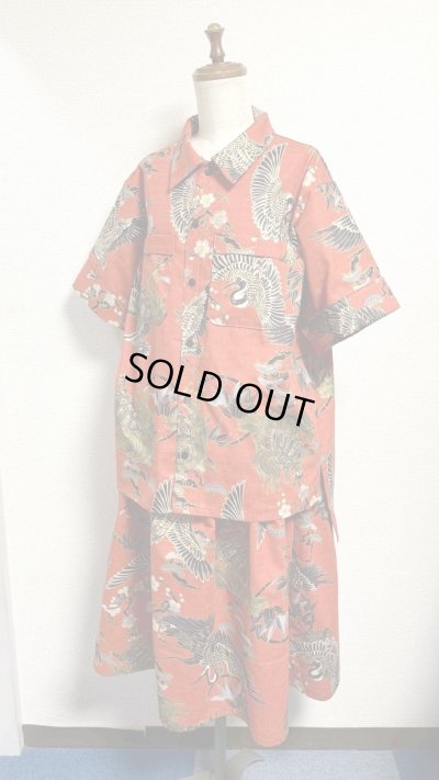 画像4: 7ハンドメイドギャザースカート【鶴亀柄　朱色系　65cm丈】