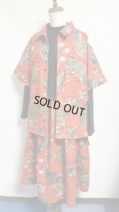 画像5: 7ハンドメイドギャザースカート【鶴亀柄　朱色系　65cm丈】