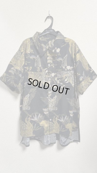 画像1: ボーイフレンドワークシャツ※黒ボタン【鶴亀柄黒系】