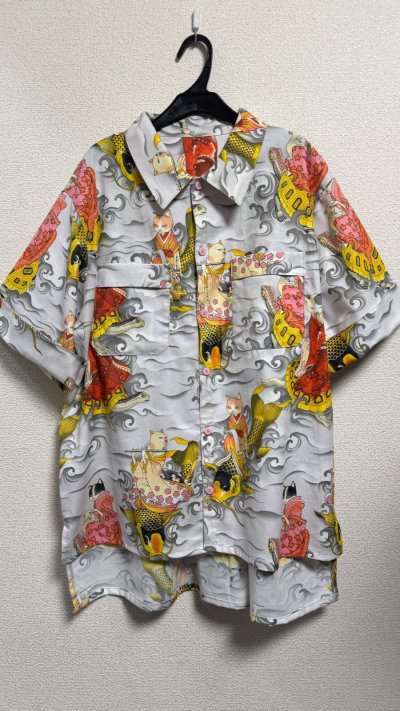 画像1: ボーイフレンドワークシャツ【カメ猫柄グレー系】