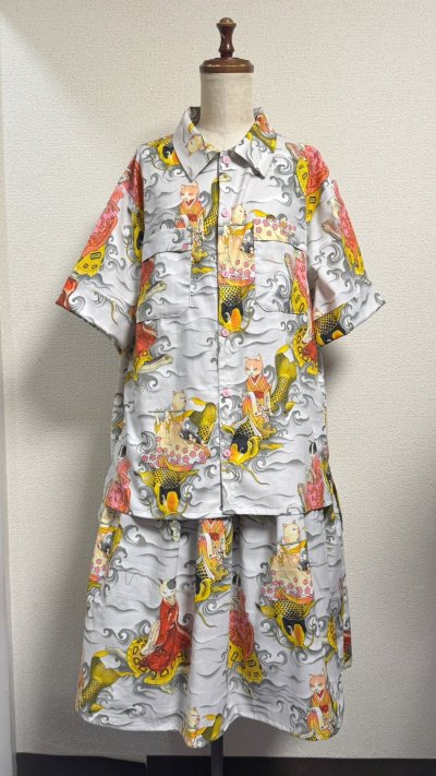 画像2: ボーイフレンドワークシャツ【カメ猫柄グレー系】