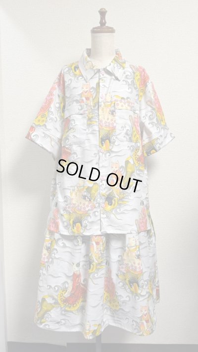 画像2: 7ハンドメイドギャザースカート【カメ猫柄グレー系　70cm丈】