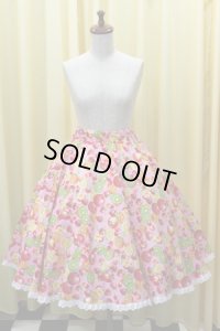 ハンドメイドサーキュラースカート　フルーツ柄レース付き（濃ピンク）