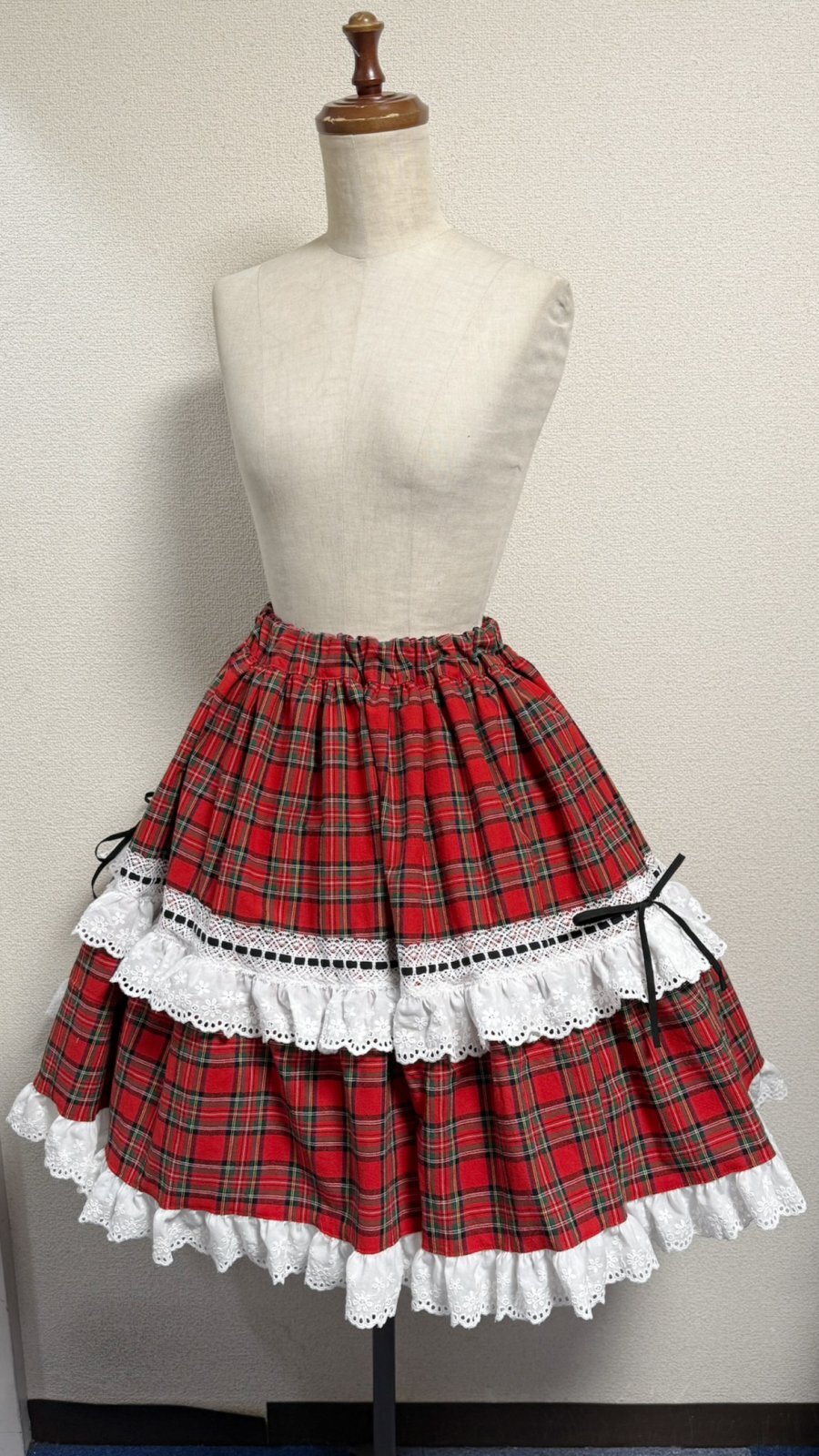 ハンドメイドティアードスカート【赤チェック・46cm丈】