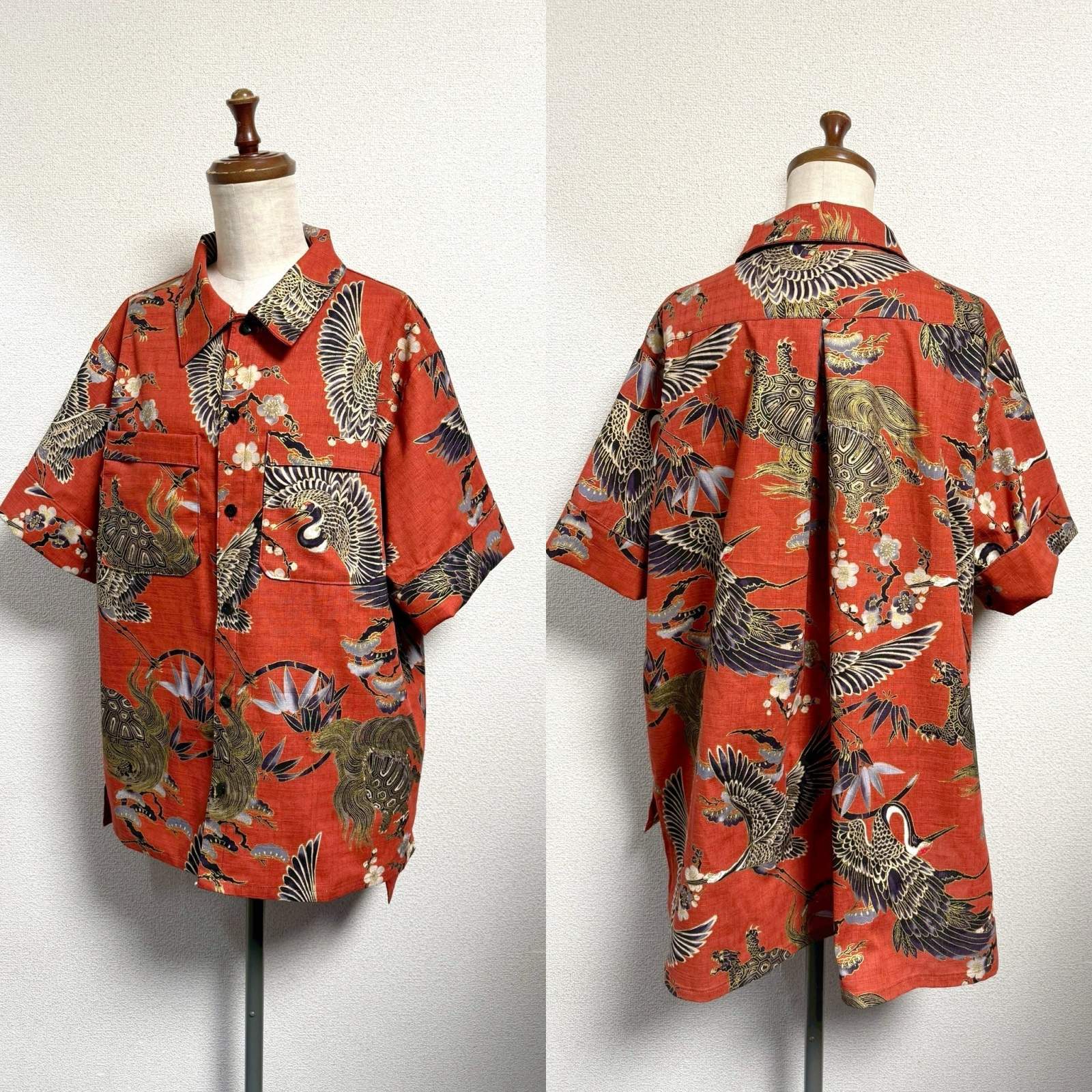 ボーイフレンドワークシャツ【鶴亀柄朱色系】