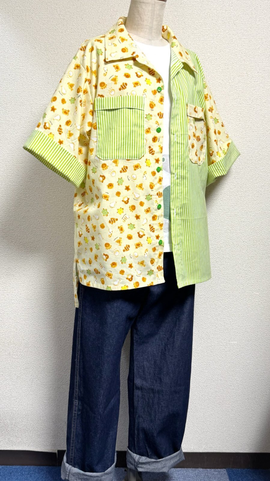 ボーイフレンドワークシャツ【カメロンパン柄クリーム×草色ストライプ】