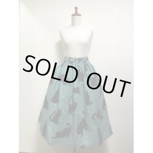画像: ハンドメイドスカート【ねこ柄グリーン・67ｃm丈】