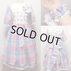 画像: デイリーワンピース+シュシュセット【猫フェイス×ピンク・サックスチェック・ハイウエスト93c丈】