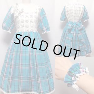 画像: デイリーワンピース+シュシュセット【猫フェイス×マリンブルーチェック・ハイウエスト93c丈】
