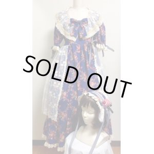 画像: デイリーワンピース+ヘッドドレス・コサージュセット【紺系ブーケ柄・生成りレース・120ｃ丈】