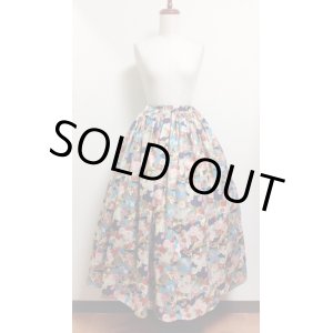 画像: ハンドメイドスカート・和柄【ブルー系花柄・ロング85ｃm丈】　
