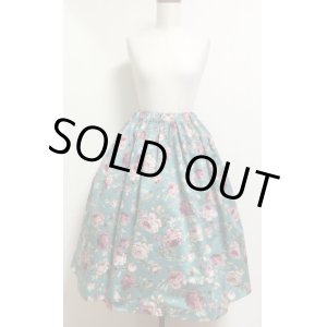 画像: ハンドメイドギャザースカート【花柄・ピーコックグリーン系・68ｃm丈】　