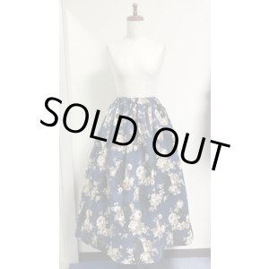 画像: ハンドメイドギャザースカート【ネコブーケ柄・紺系・80ｃｍ丈・20101811】