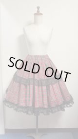 画像: ハンドメイドギャザースカート【赤チェック×黒レース　55cm丈】