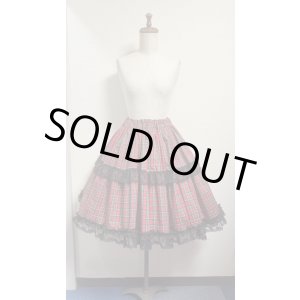 画像: ハンドメイドギャザースカート【赤チェック×黒レース　55cm丈】