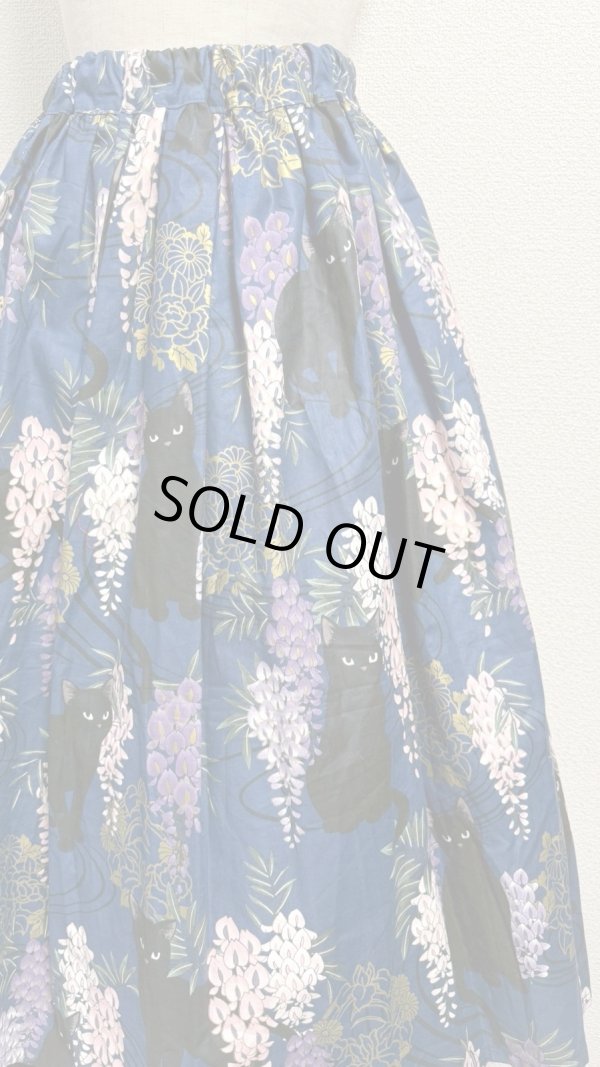 画像4: 5ハンドメイドギャザースカート【猫柄青系・70cm丈】