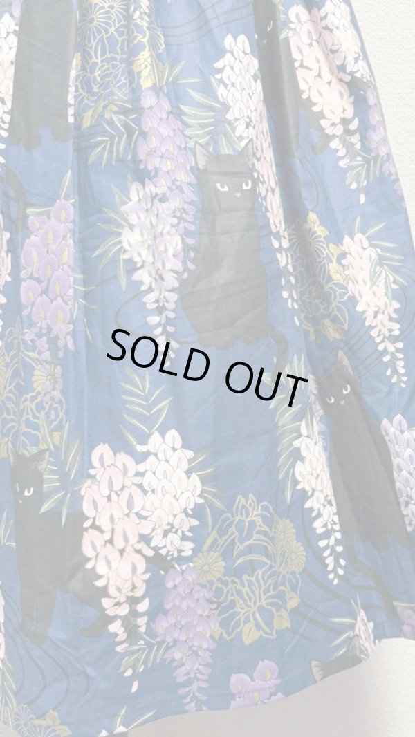 画像3: 5ハンドメイドギャザースカート【猫柄青系・70cm丈】