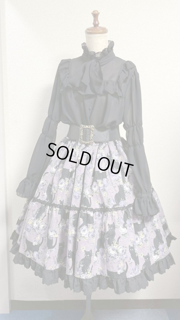 画像5: 9ハンドメイドギャザー2段ティアードスカート【猫柄紫系・52cm丈】