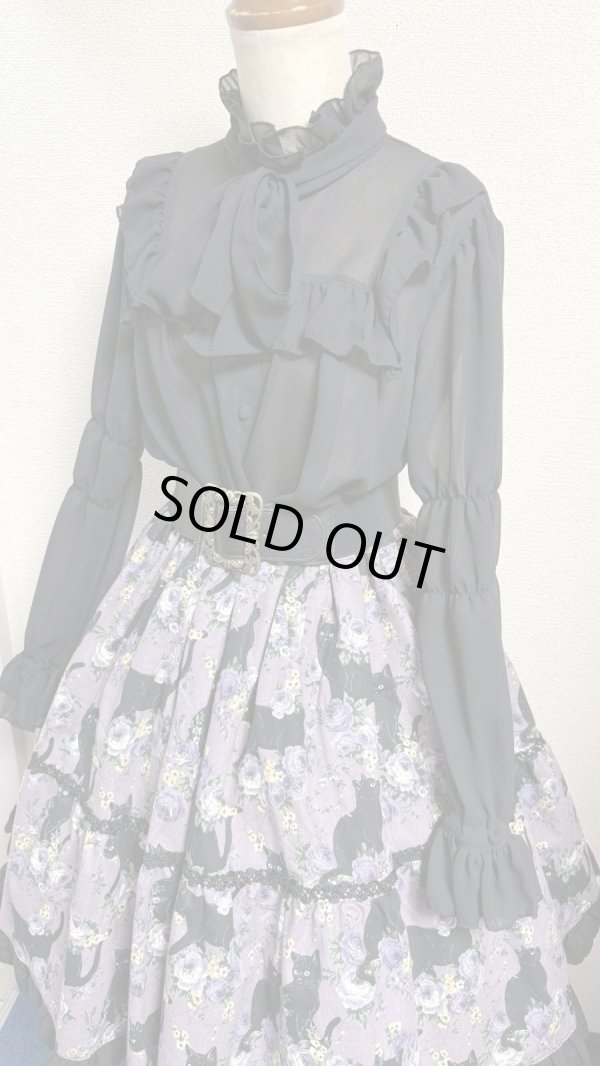 画像3: 9ハンドメイドギャザー2段ティアードスカート【猫柄紫系・52cm丈】