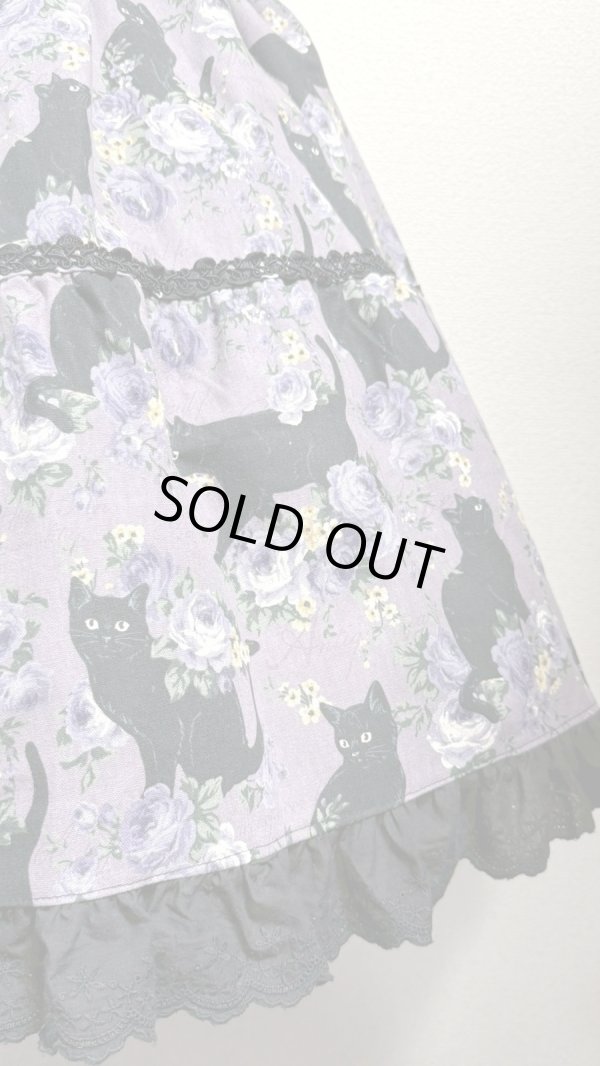 画像2: 9ハンドメイドギャザー2段ティアードスカート【猫柄紫系・52cm丈】